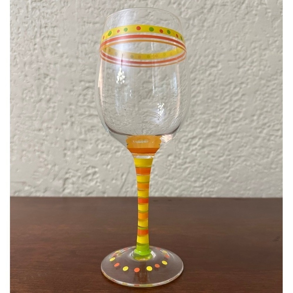 Hand Painted Whimsical Polka Dot Striped Orange Yellow Wine Glass Summer